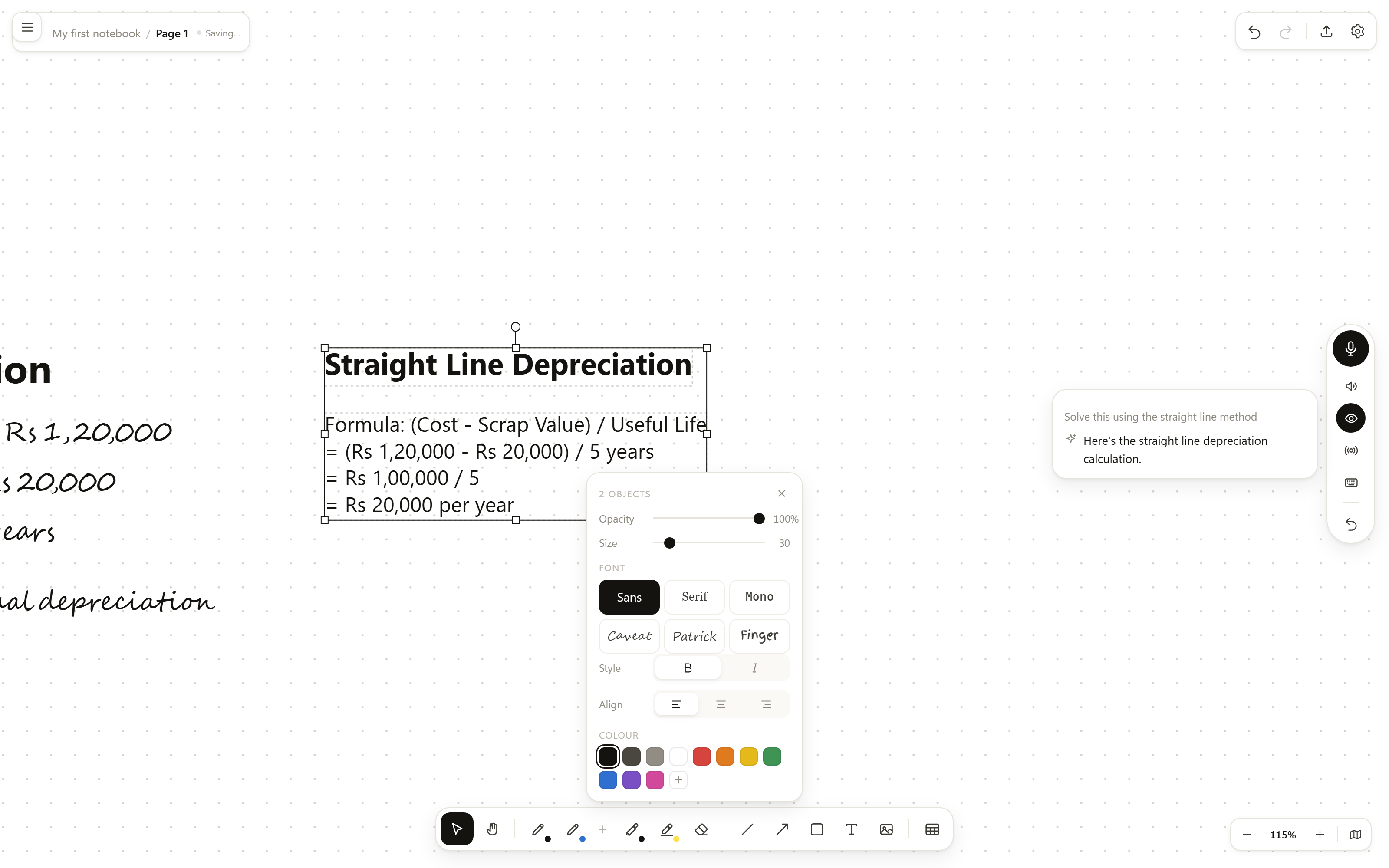Handwritten depreciation figures on the left of an Inkdesk page, with the assistant's straight line solution written out on the right.