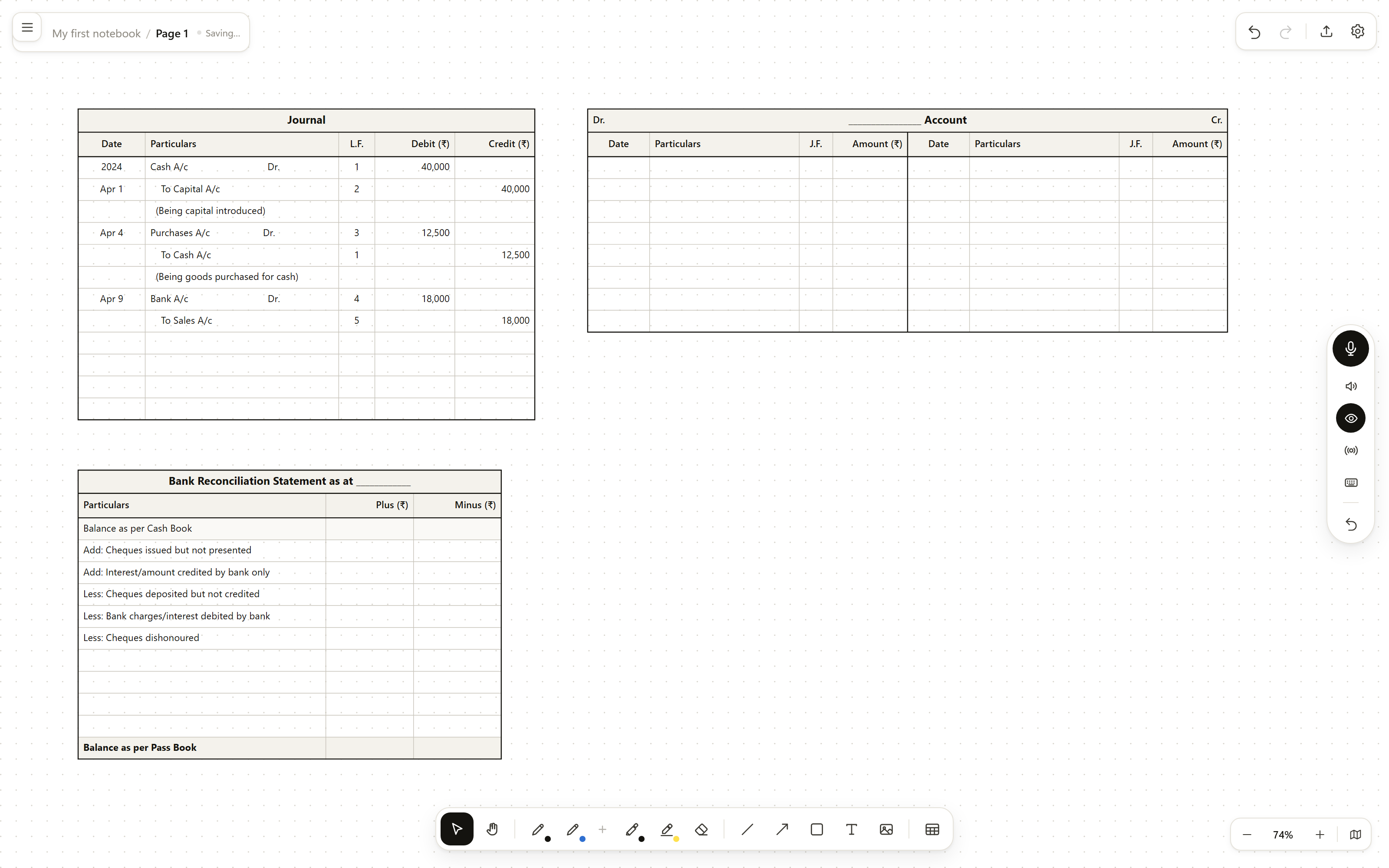 A Journal and a ledger account in T format, ruled and filled with dated entries.