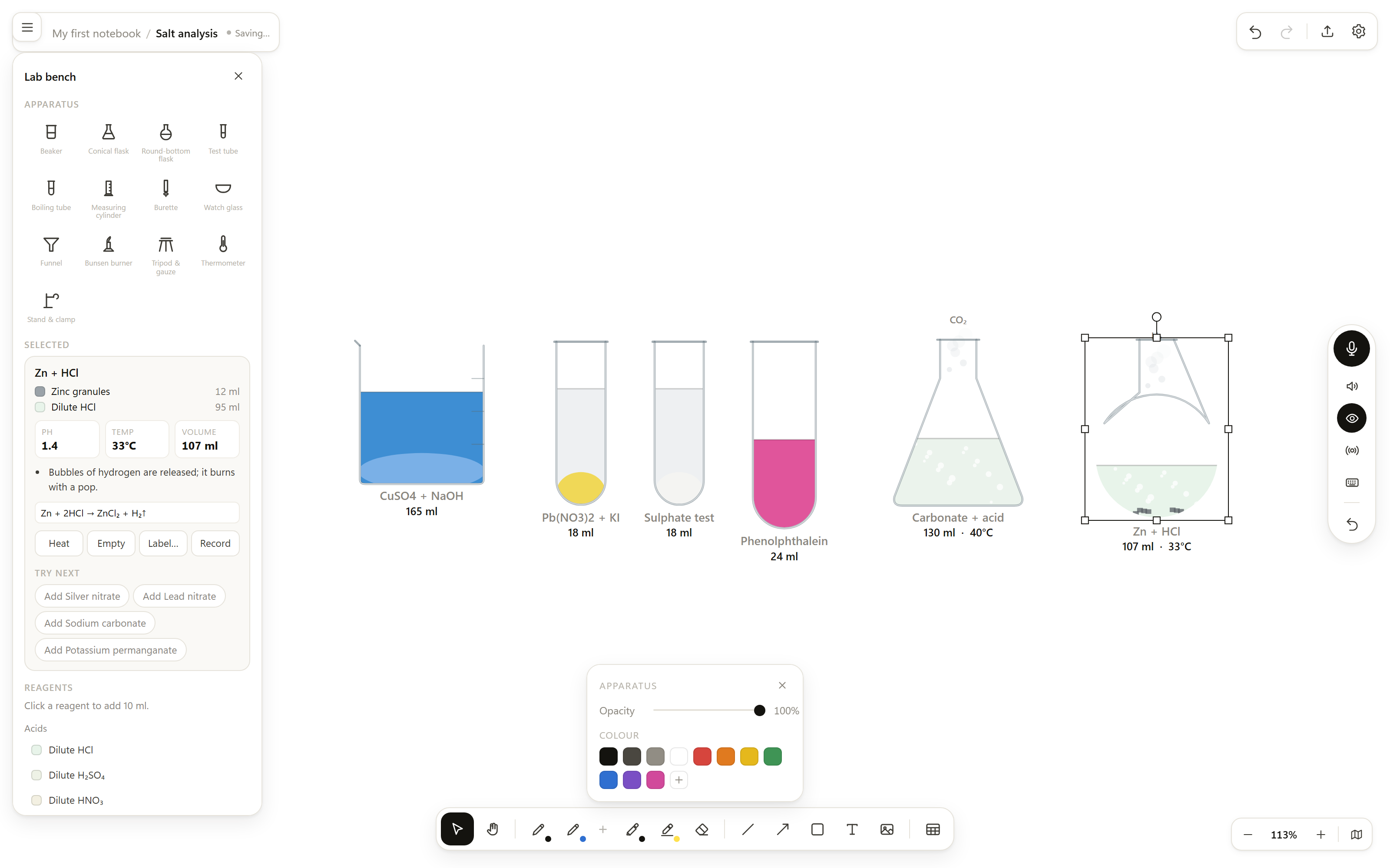 Six vessels on the chemistry bench showing coloured precipitates and two flasks fizzing.